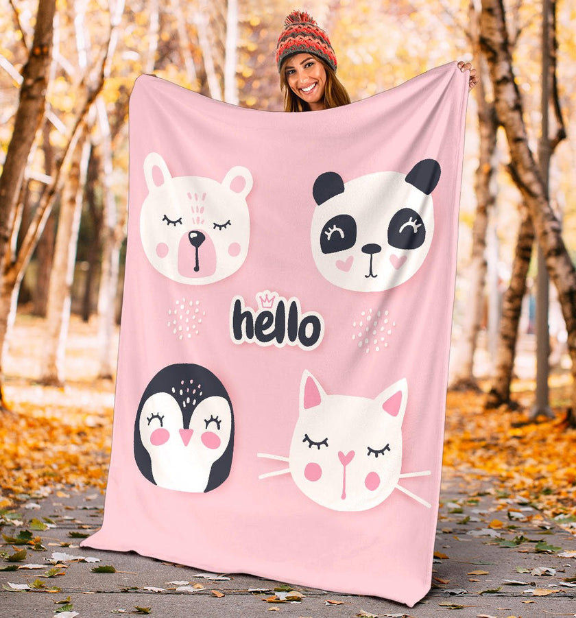 Hello Cute Bear Penguin Cat Bunny, Animal Cartoon Premium Blanket, - Carbone's Marketplace