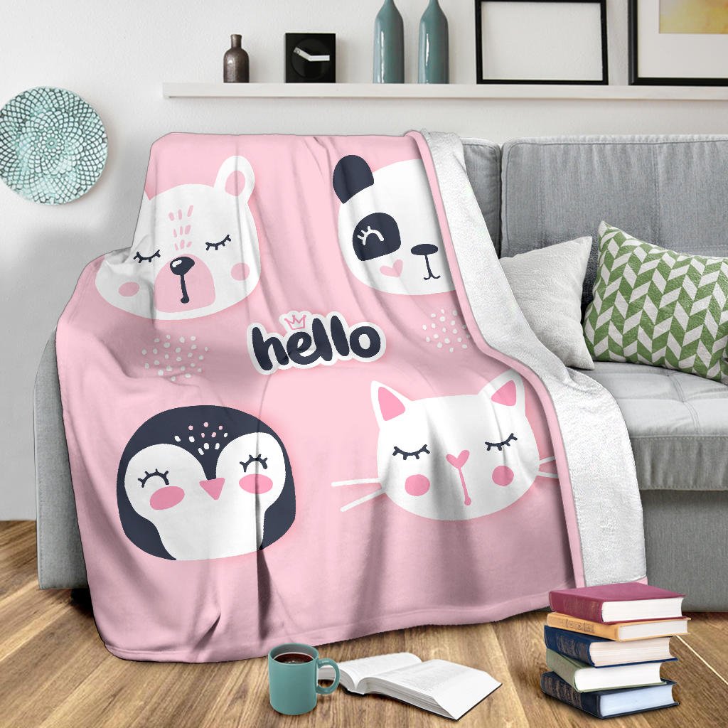 Hello Cute Bear Penguin Cat Bunny, Animal Cartoon Premium Blanket, - Carbone's Marketplace