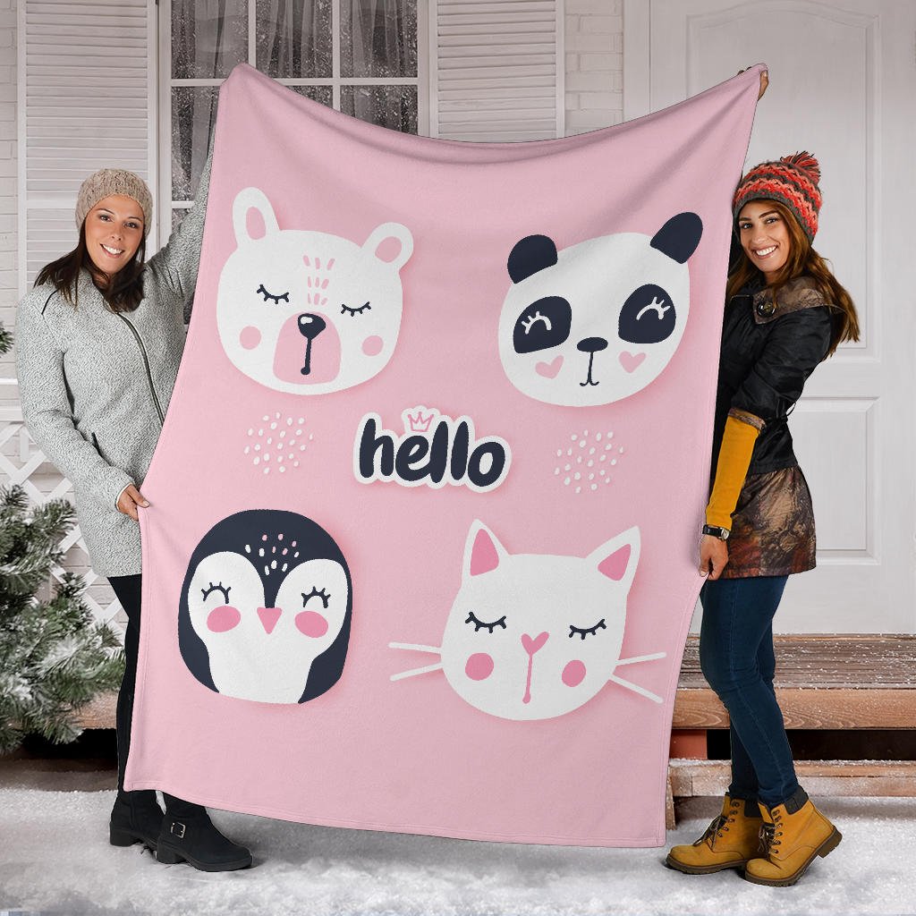 Hello Cute Bear Penguin Cat Bunny, Animal Cartoon Premium Blanket, - Carbone's Marketplace