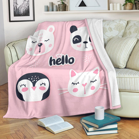 Hello Cute Bear Penguin Cat Bunny, Animal Cartoon Premium Blanket, - Carbone's Marketplace