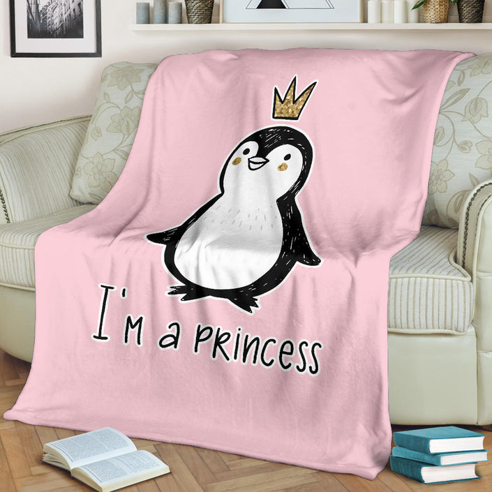 I' A Princess, Golden Glitter Penguin Premium With Crown Cartoon Premium Blanket - Carbone's Marketplace