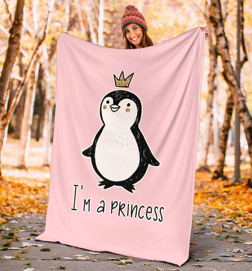 I' A Princess, Golden Glitter Penguin Premium With Crown Cartoon Premium Blanket - Carbone's Marketplace