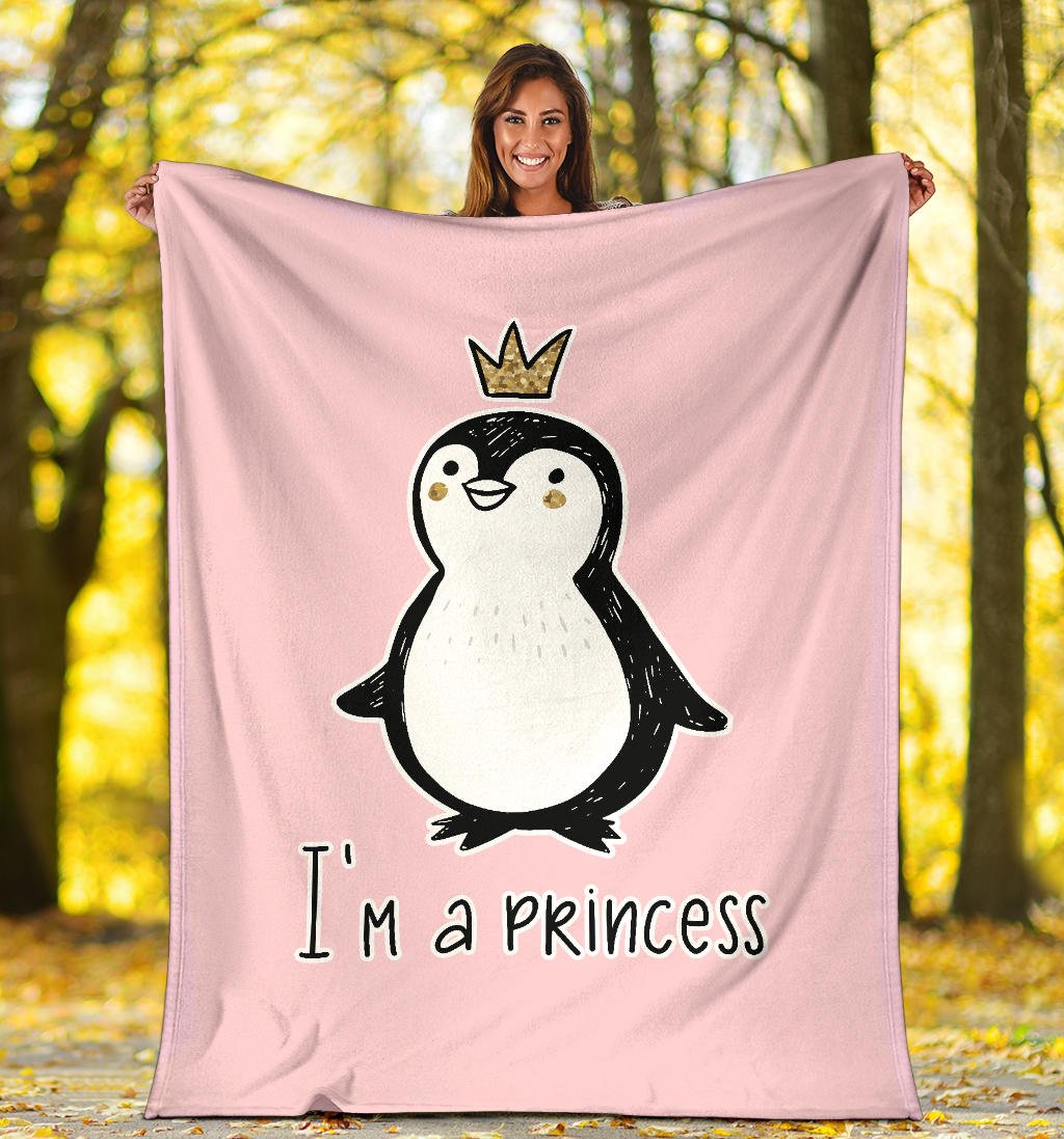 I' A Princess, Golden Glitter Penguin Premium With Crown Cartoon Premium Blanket - Carbone's Marketplace