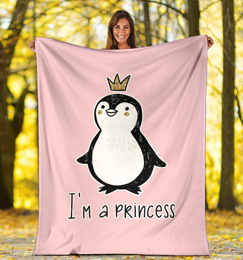 I' A Princess, Golden Glitter Penguin Premium With Crown Cartoon Premium Blanket - Carbone's Marketplace