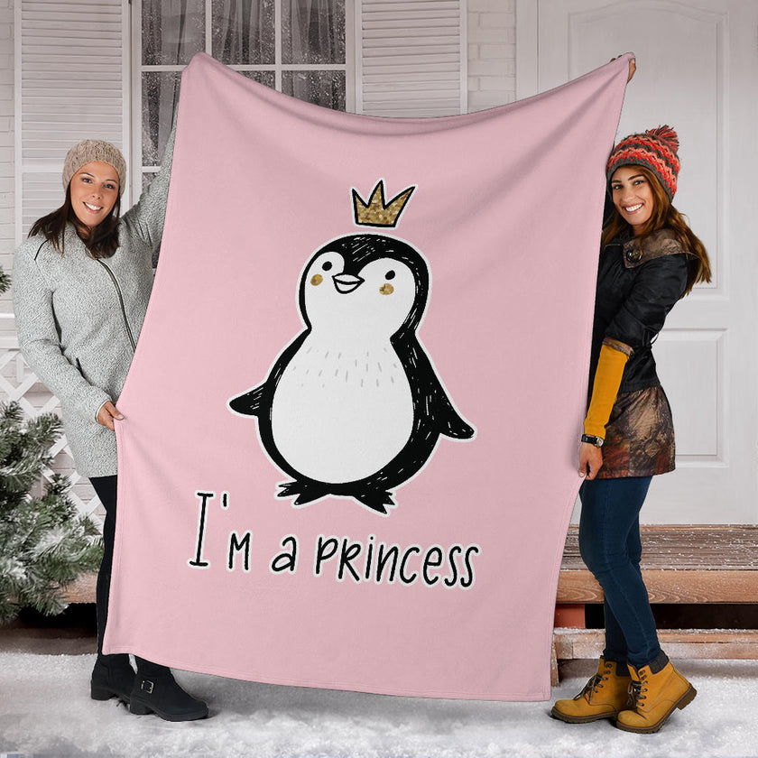 I' A Princess, Golden Glitter Penguin Premium With Crown Cartoon Premium Blanket - Carbone's Marketplace