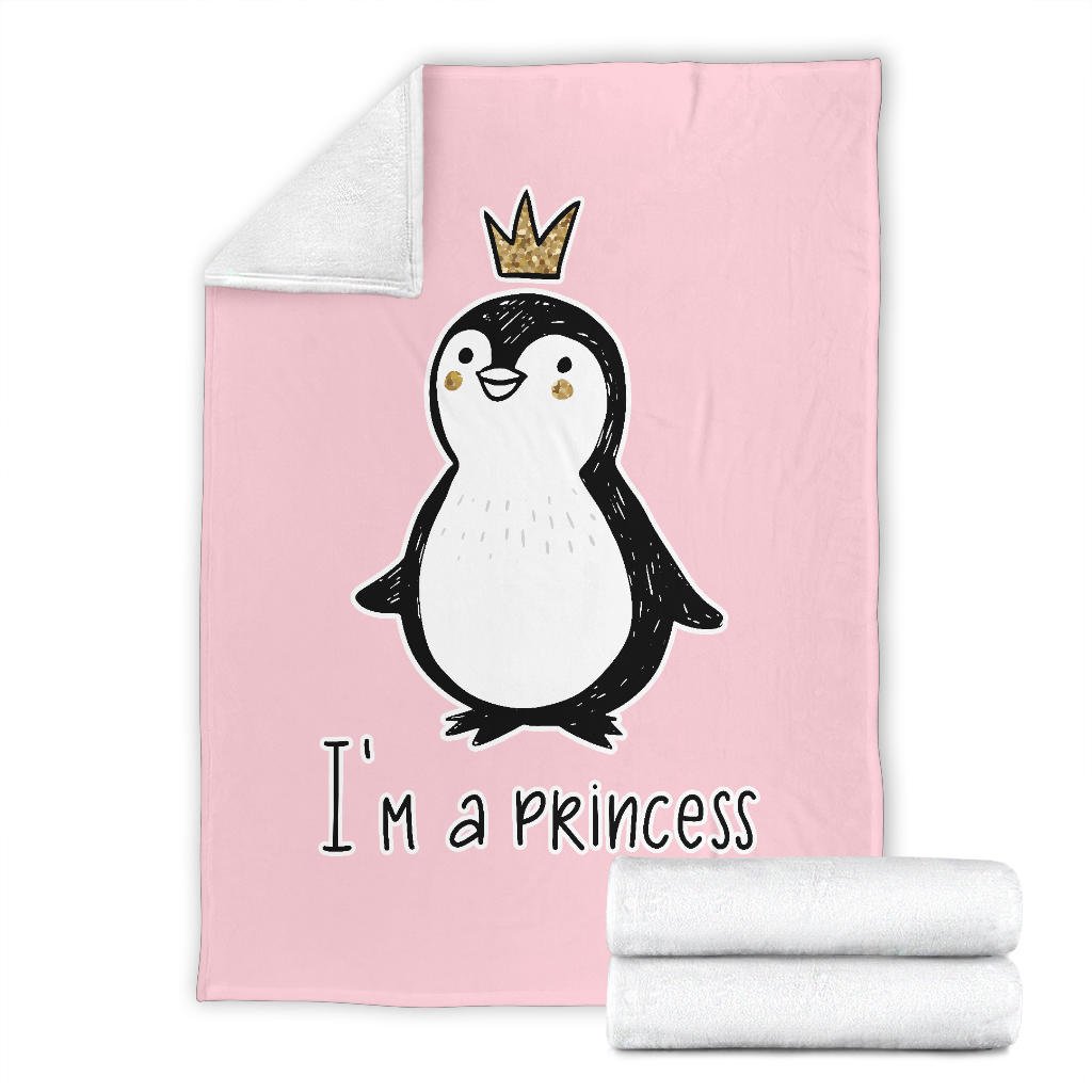 I' A Princess, Golden Glitter Penguin Premium With Crown Cartoon Premium Blanket - Carbone's Marketplace