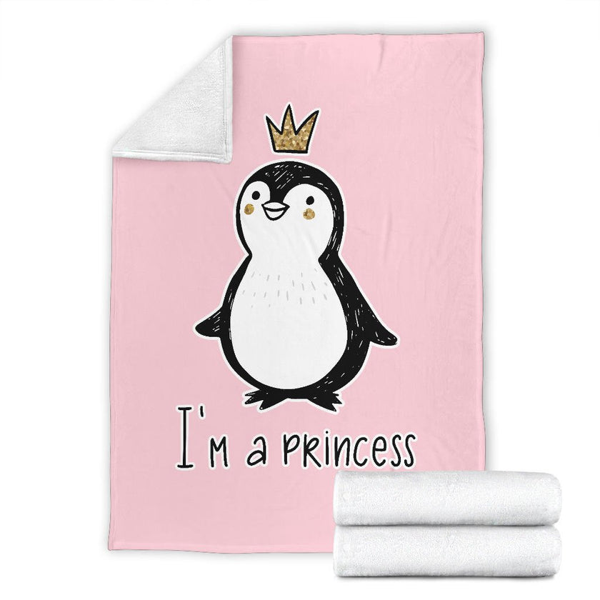 I' A Princess, Golden Glitter Penguin Premium With Crown Cartoon Premium Blanket - Carbone's Marketplace