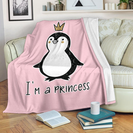 I' A Princess, Golden Glitter Penguin Premium With Crown Cartoon Premium Blanket - Carbone's Marketplace