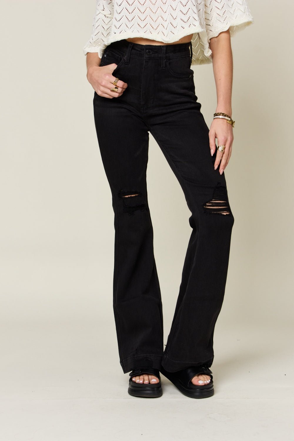 Judy Blue Full Size High Waist Distressed Flare Jeans - Carbone's Marketplace