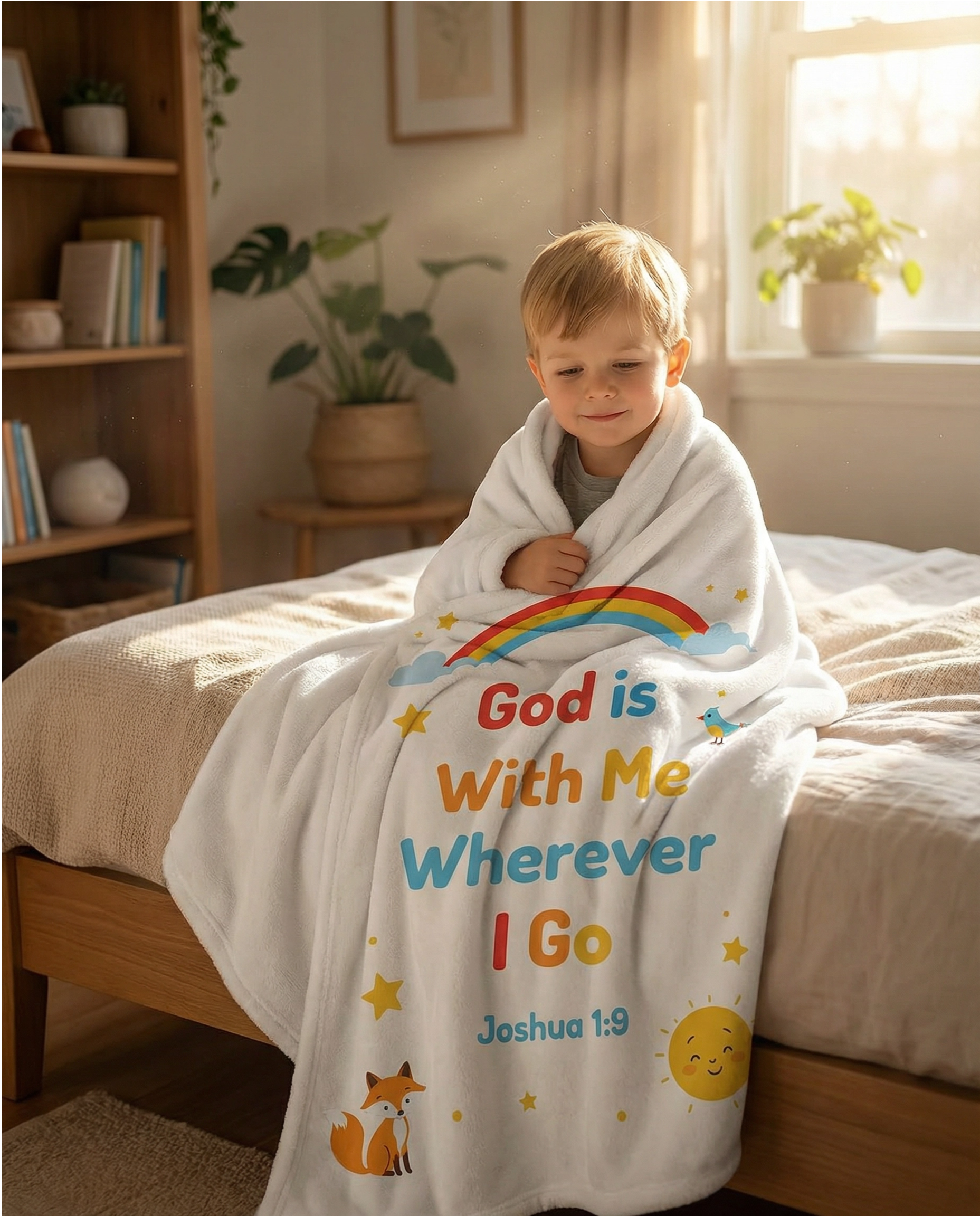 Child wrapped in a blanket with motivational text and graphics in a cozy bedroom.