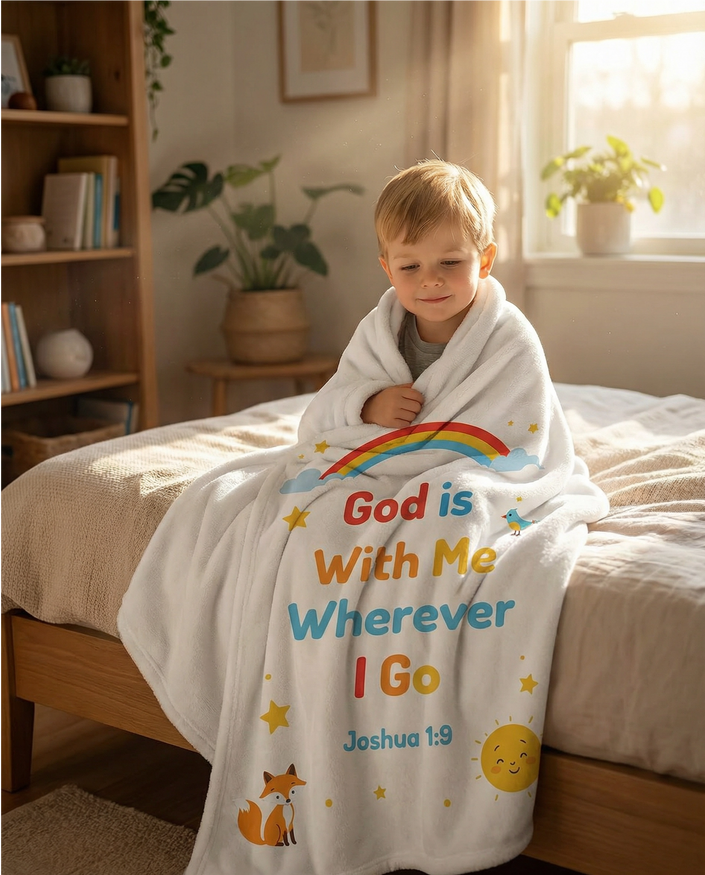 Child wrapped in a blanket with motivational text and graphics in a cozy bedroom.