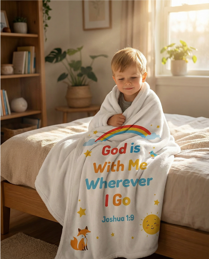 Child wrapped in a blanket with motivational text and graphics in a cozy bedroom.
