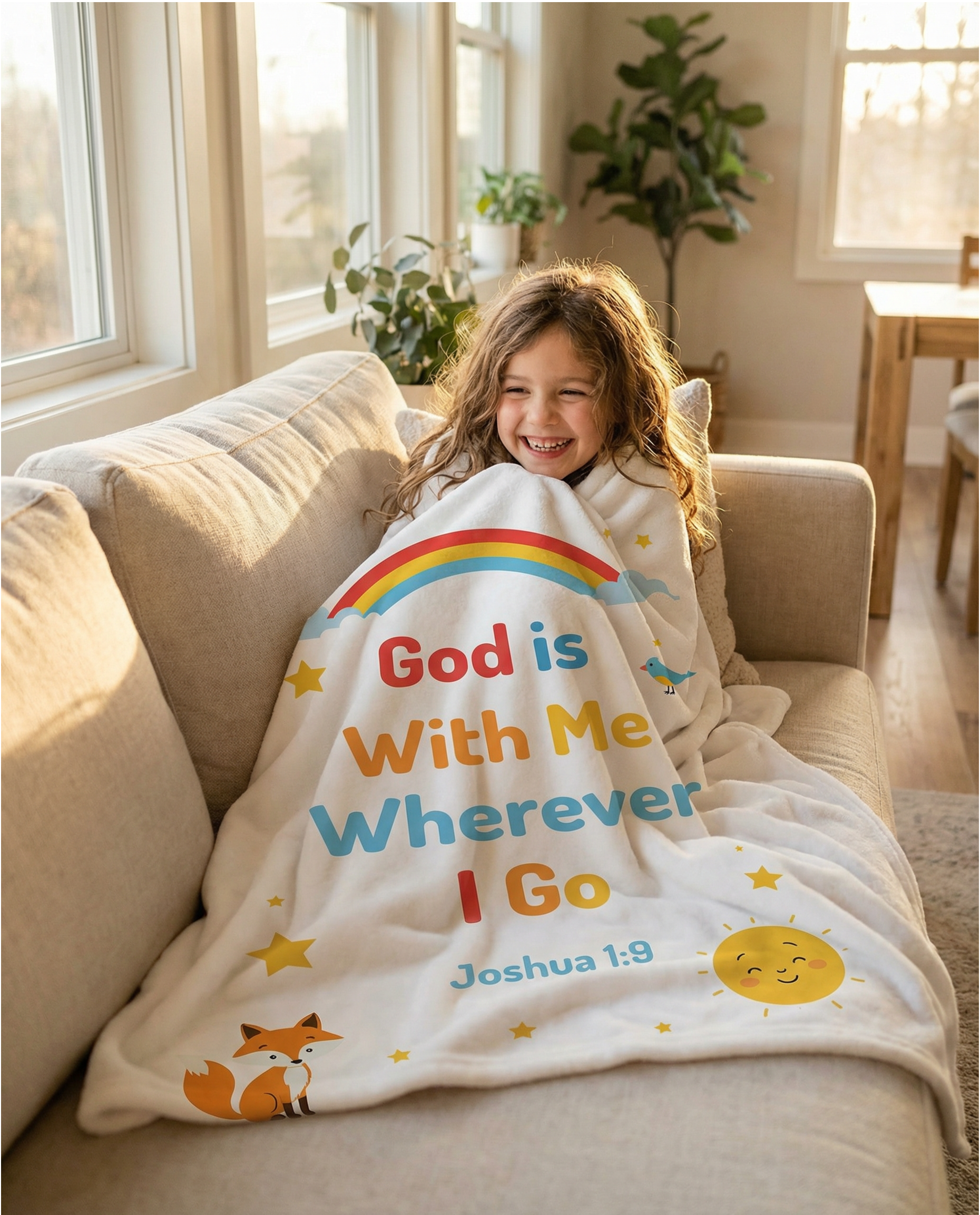 Child sitting on a couch with a blanket featuring 'God is With Me Wherever I Go' text.