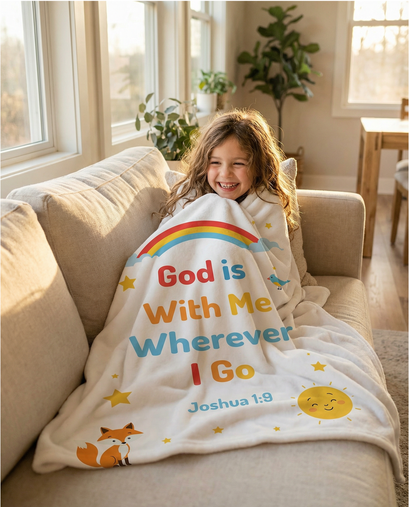 Child sitting on a couch with a blanket featuring 'God is With Me Wherever I Go' text.