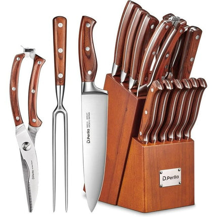 Knife Block Set, D.Perlla 16 Pieces German Stainless Steel Professional Kitchen Knife Set with Carving Fork - Carbone's Marketplace