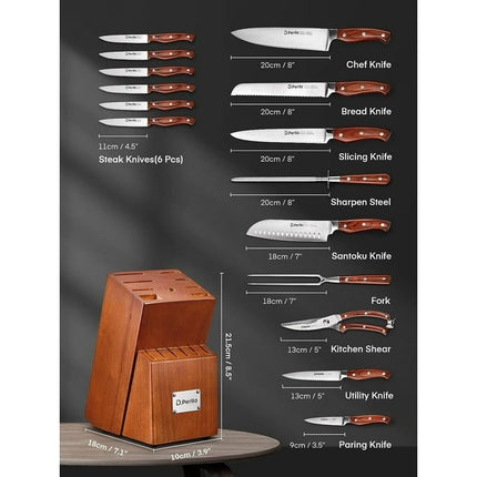 Knife Block Set, D.Perlla 16 Pieces German Stainless Steel Professional Kitchen Knife Set with Carving Fork - Carbone's Marketplace