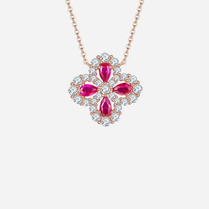 Lab - Grown Ruby 925 Sterling Silver Flower Shape Necklace - Carbone's Marketplace