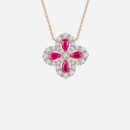 Lab - Grown Ruby 925 Sterling Silver Flower Shape Necklace - Carbone's Marketplace