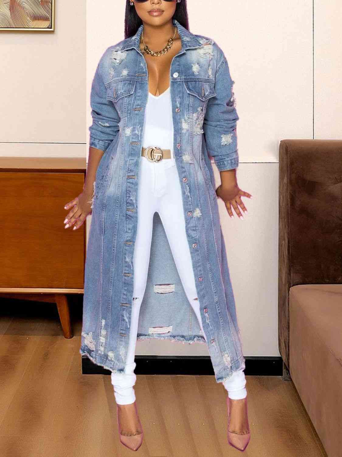 Long Sleeve Raw Hem Denim Jacket - Carbone's Marketplace