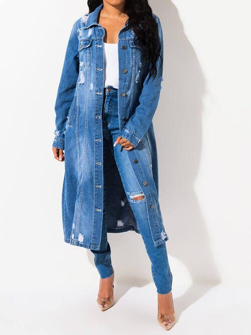 Long Sleeve Raw Hem Denim Jacket - Carbone's Marketplace