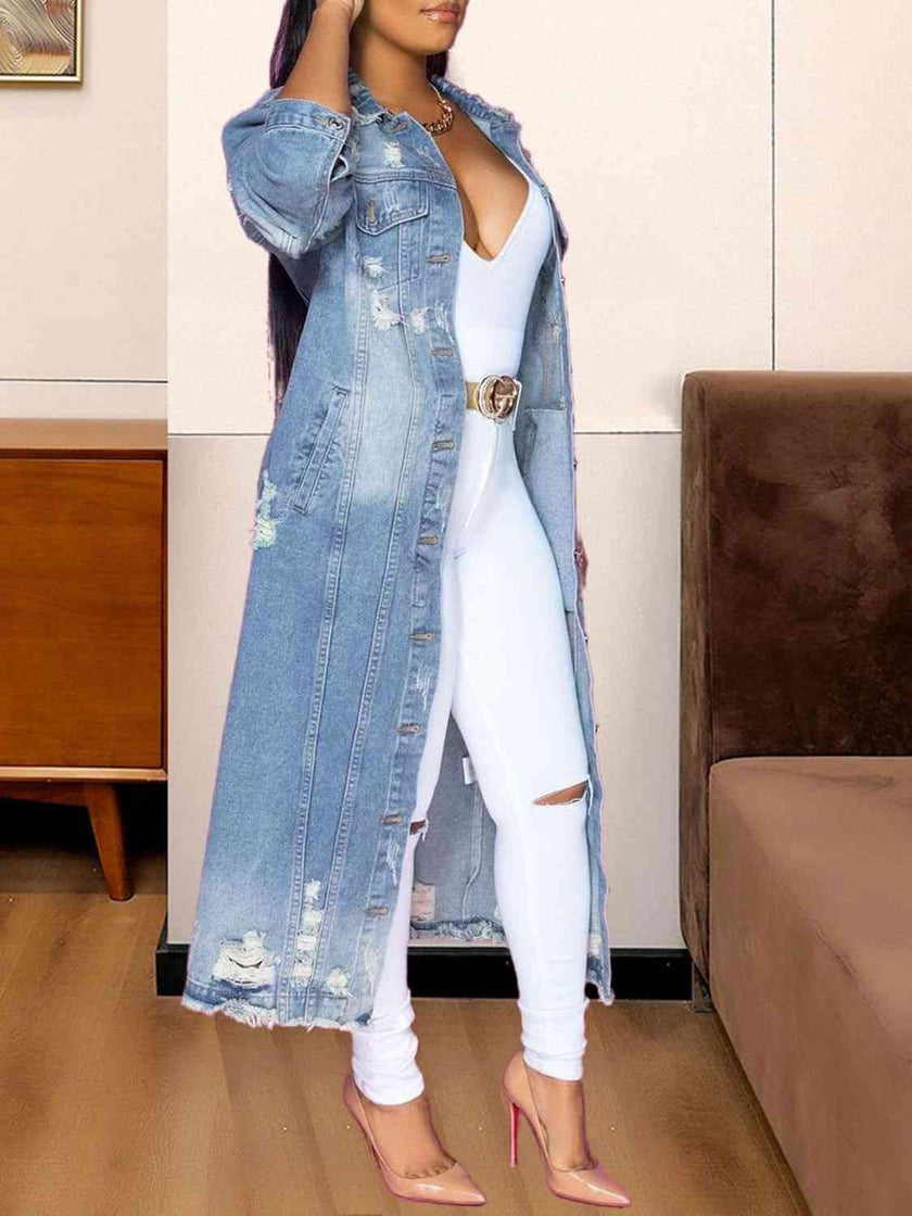 Long Sleeve Raw Hem Denim Jacket - Carbone's Marketplace