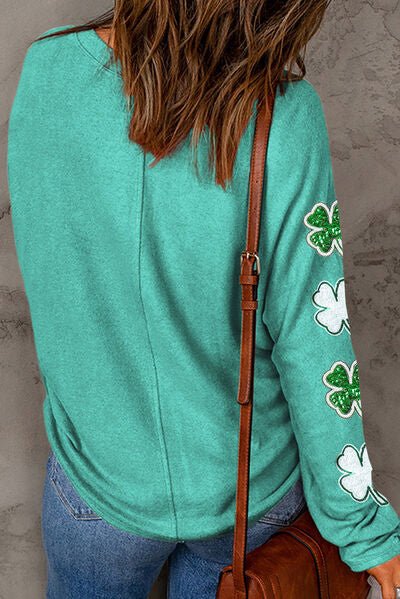 Lucky Clover Sequin Round Neck Sweatshirt - Carbone's Marketplace