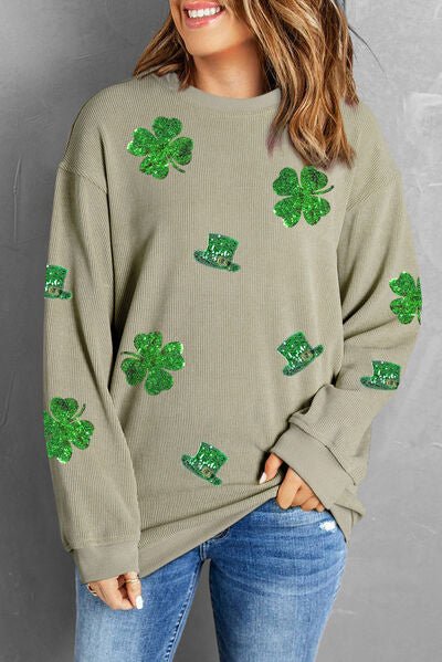 Lucky Clover Sequin Round Neck Sweatshirt - Carbone's Marketplace