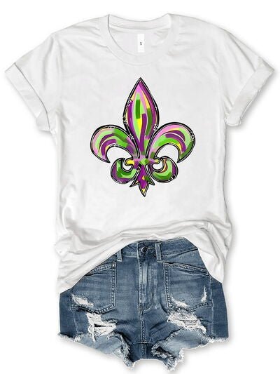 Mardi Gras Graphic Round Neck Short Sleeve T-Shirt - Carbone's Marketplace