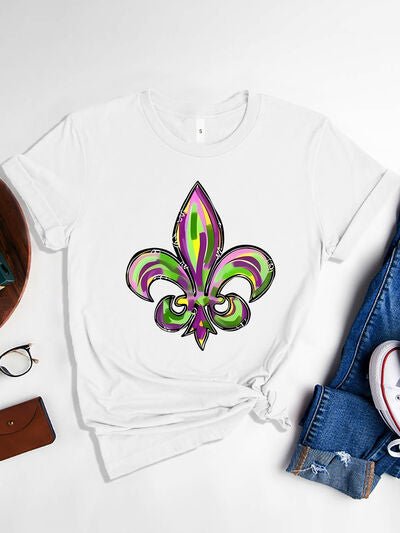 Mardi Gras Graphic Round Neck Short Sleeve T-Shirt - Carbone's Marketplace