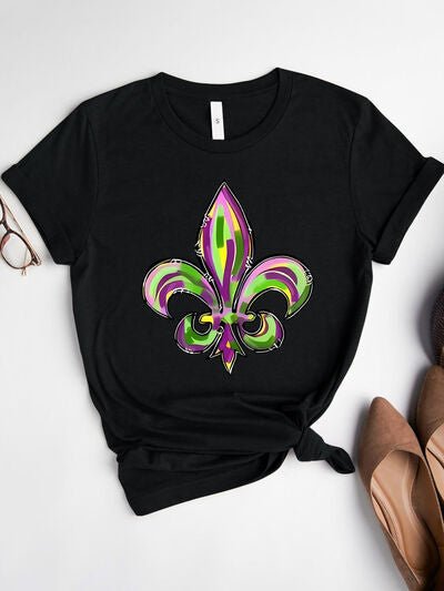 Mardi Gras Graphic Round Neck Short Sleeve T-Shirt - Carbone's Marketplace