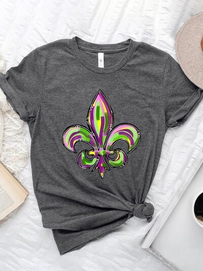 Mardi Gras Graphic Round Neck Short Sleeve T-Shirt - Carbone's Marketplace
