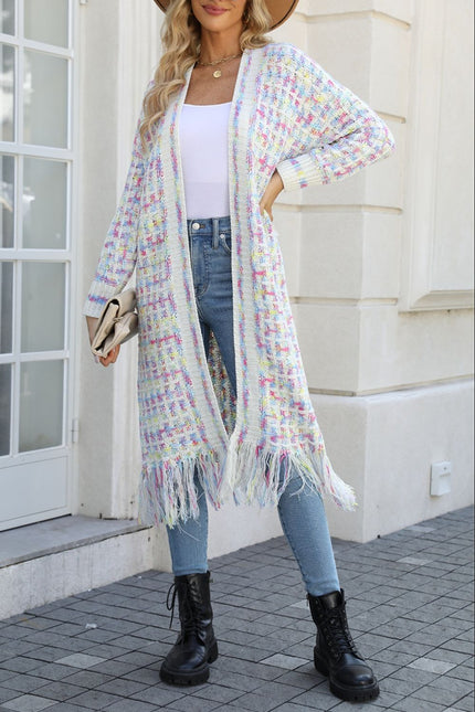 Multicolored Open Front Fringe Hem Cardigan - Carbone's Marketplace