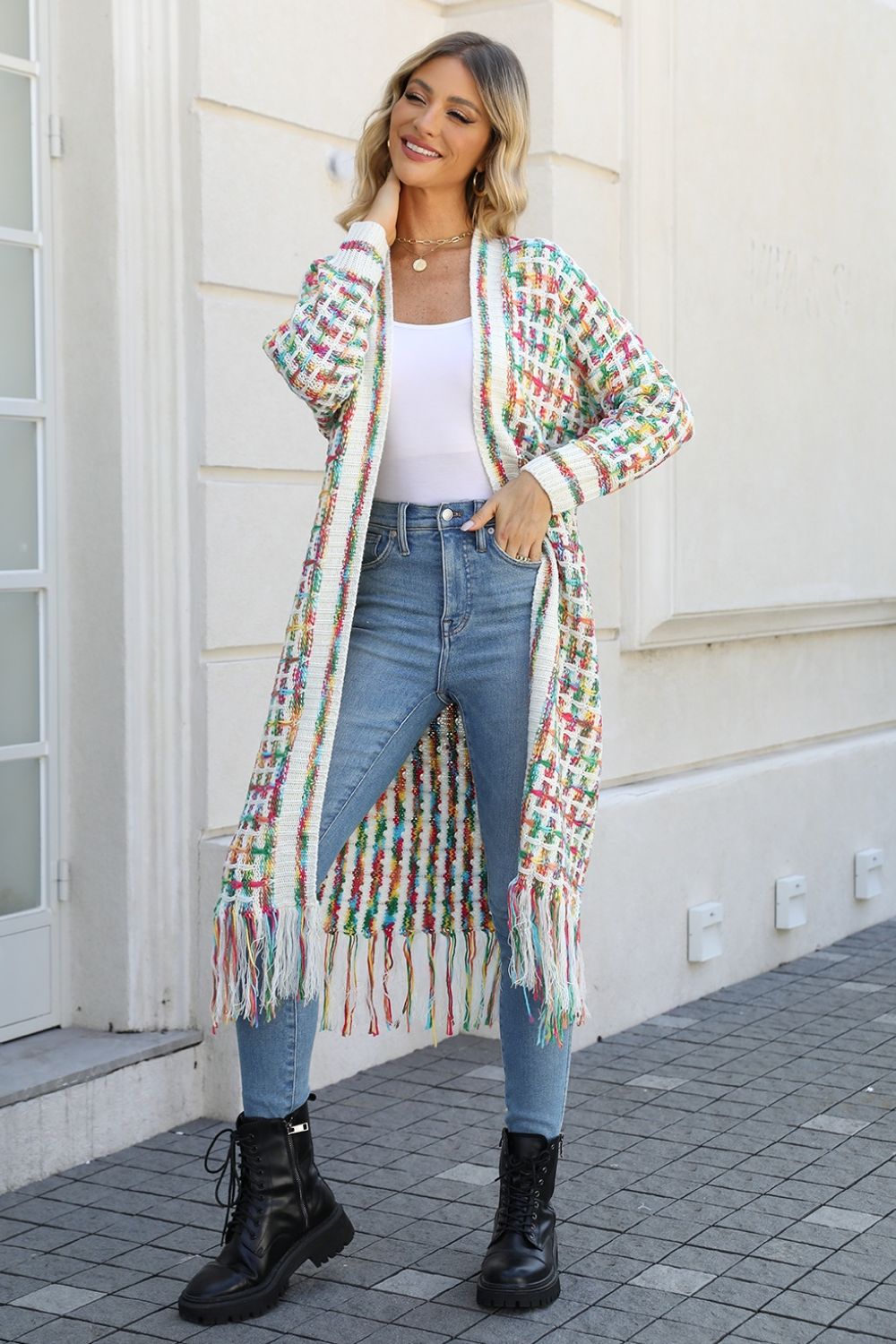 Multicolored Open Front Fringe Hem Cardigan - Carbone's Marketplace