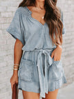 Notched Tie Waist Denim Romper - Carbone's Marketplace