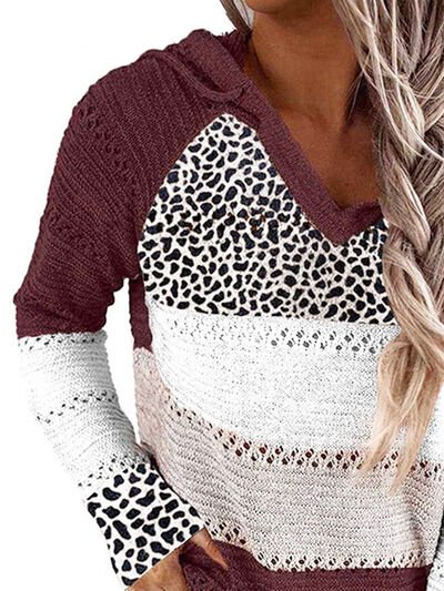 Openwork Leopard Drawstring Hooded Sweater - 6 Color Choices - Carbone's Marketplace