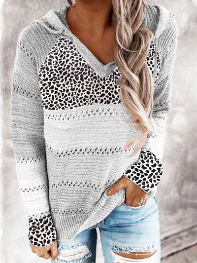 Openwork Leopard Drawstring Hooded Sweater - 6 Color Choices - Carbone's Marketplace