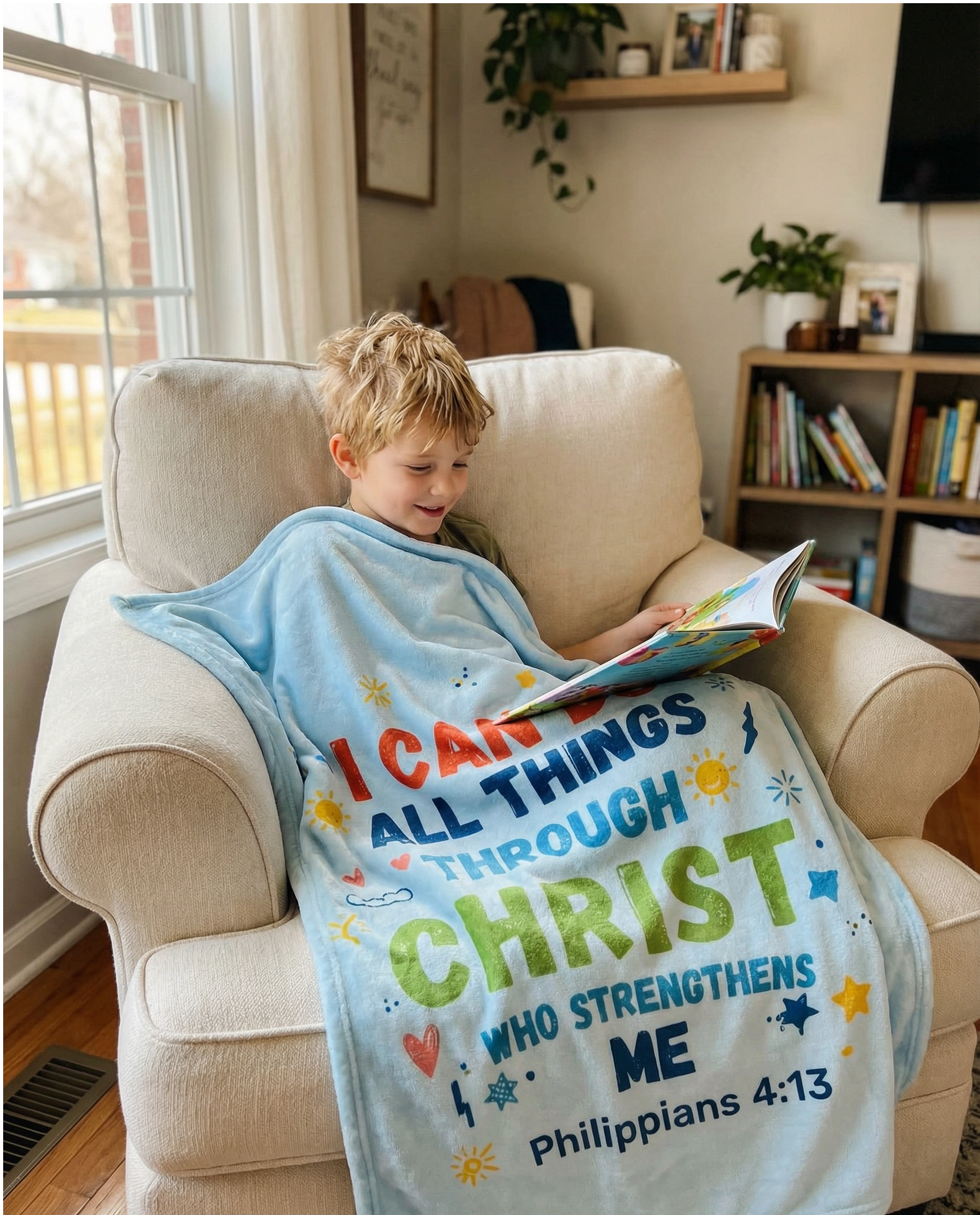 Kids Christian Blanket | I Can Do All Things Through Christ | Philippians 4:13 | Faith Gift for Boys Girls | Bible Verse Blanket