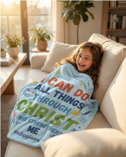 Kids Christian Blanket | I Can Do All Things Through Christ | Philippians 4:13 | Faith Gift for Boys Girls | Bible Verse Blanket