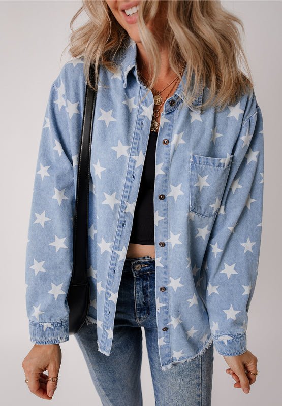 Raw Hem Star Collared Neck Denim Top - Carbone's Marketplace