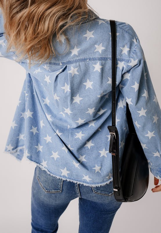 Raw Hem Star Collared Neck Denim Top - Carbone's Marketplace