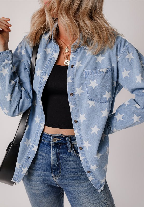 Raw Hem Star Collared Neck Denim Top - Carbone's Marketplace