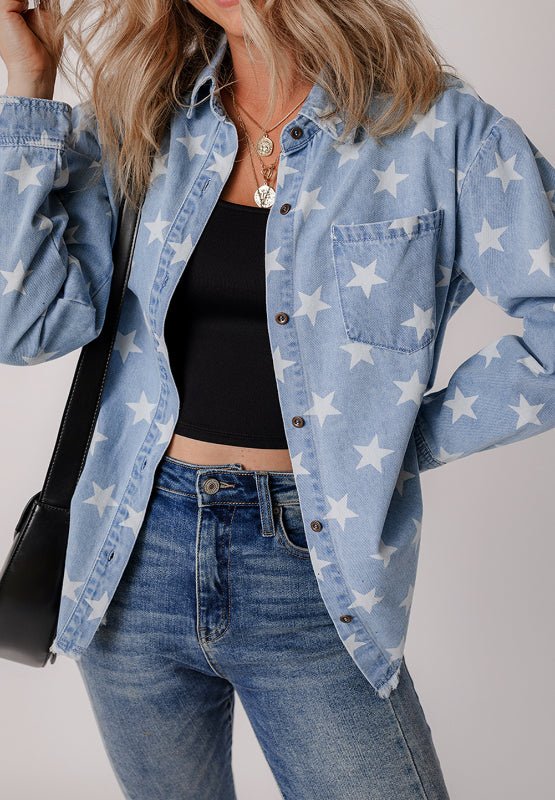 Raw Hem Star Collared Neck Denim Top - Carbone's Marketplace