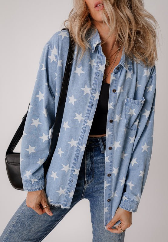 Raw Hem Star Collared Neck Denim Top - Carbone's Marketplace