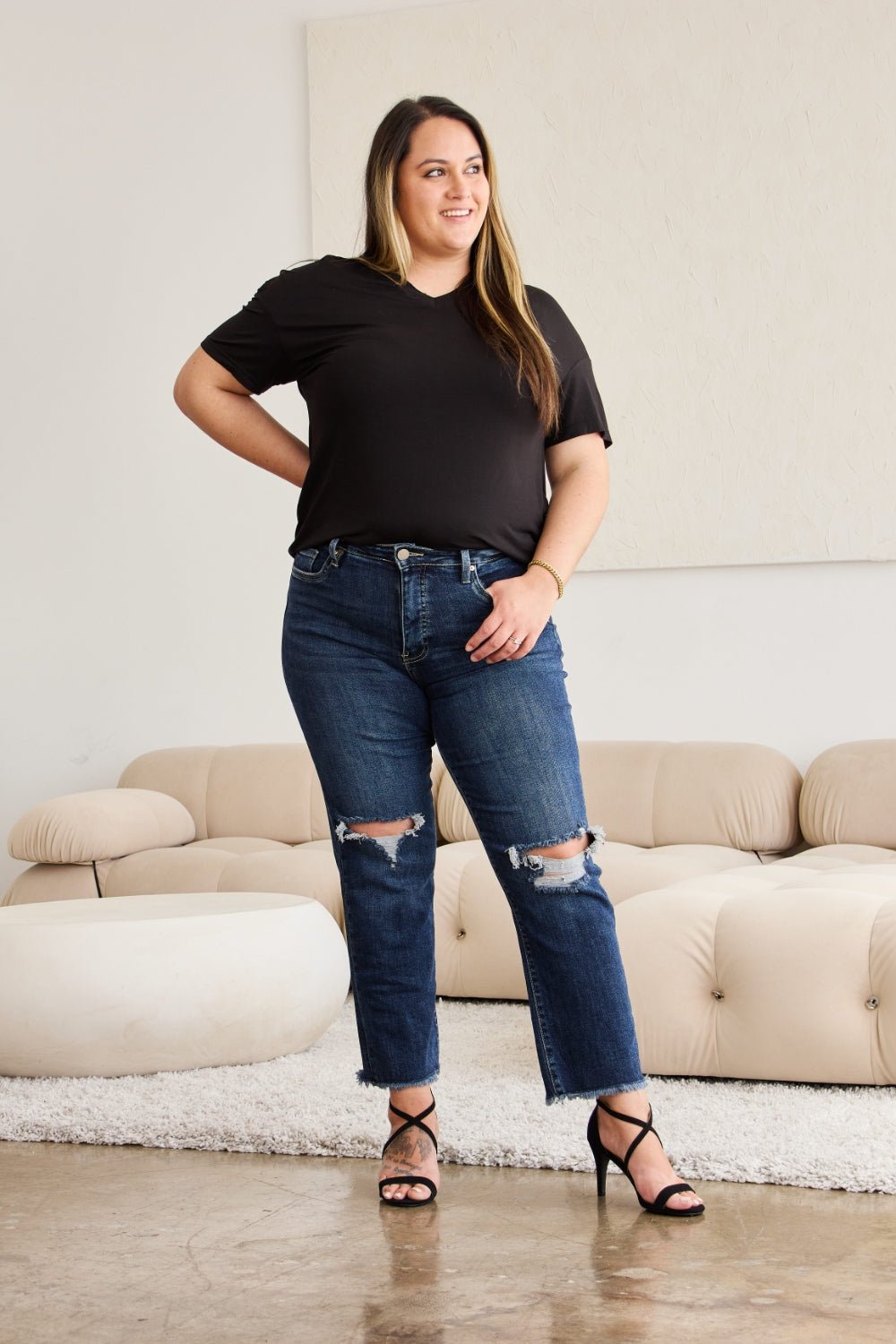 RFM Crop Dylan Full Size Tummy Control Distressed High Waist Raw Hem Jeans - Carbone's Marketplace