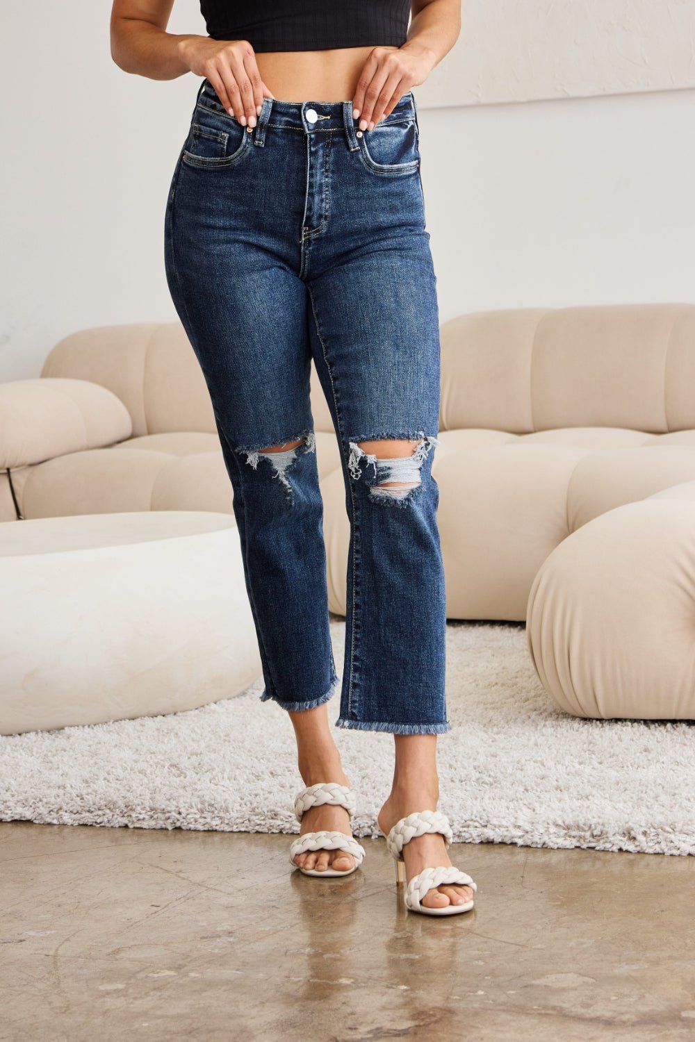 RFM Crop Dylan Full Size Tummy Control Distressed High Waist Raw Hem Jeans - Carbone's Marketplace