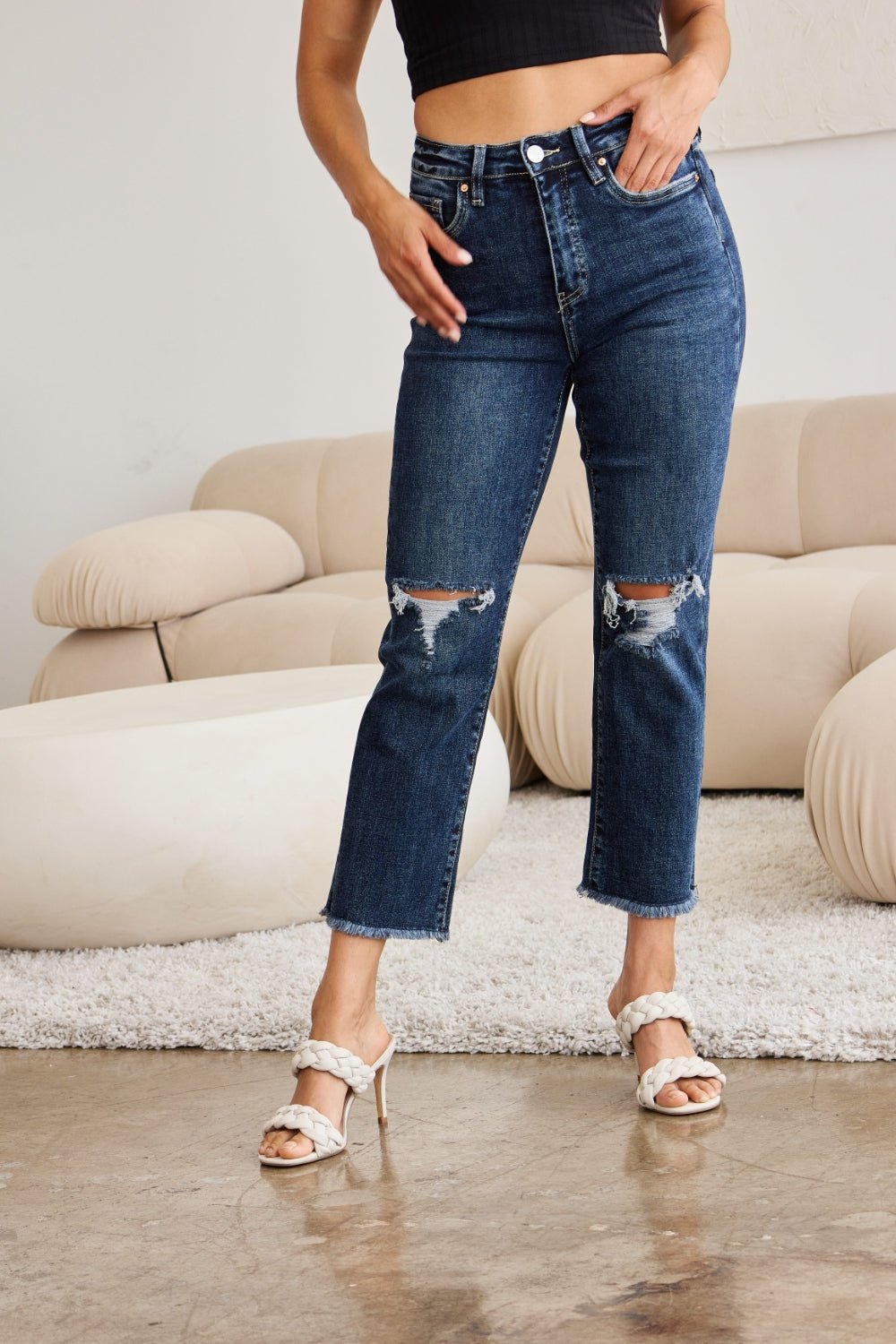 RFM Crop Dylan Full Size Tummy Control Distressed High Waist Raw Hem Jeans - Carbone's Marketplace