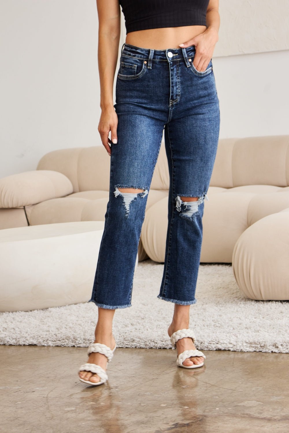 RFM Crop Dylan Full Size Tummy Control Distressed High Waist Raw Hem Jeans - Carbone's Marketplace