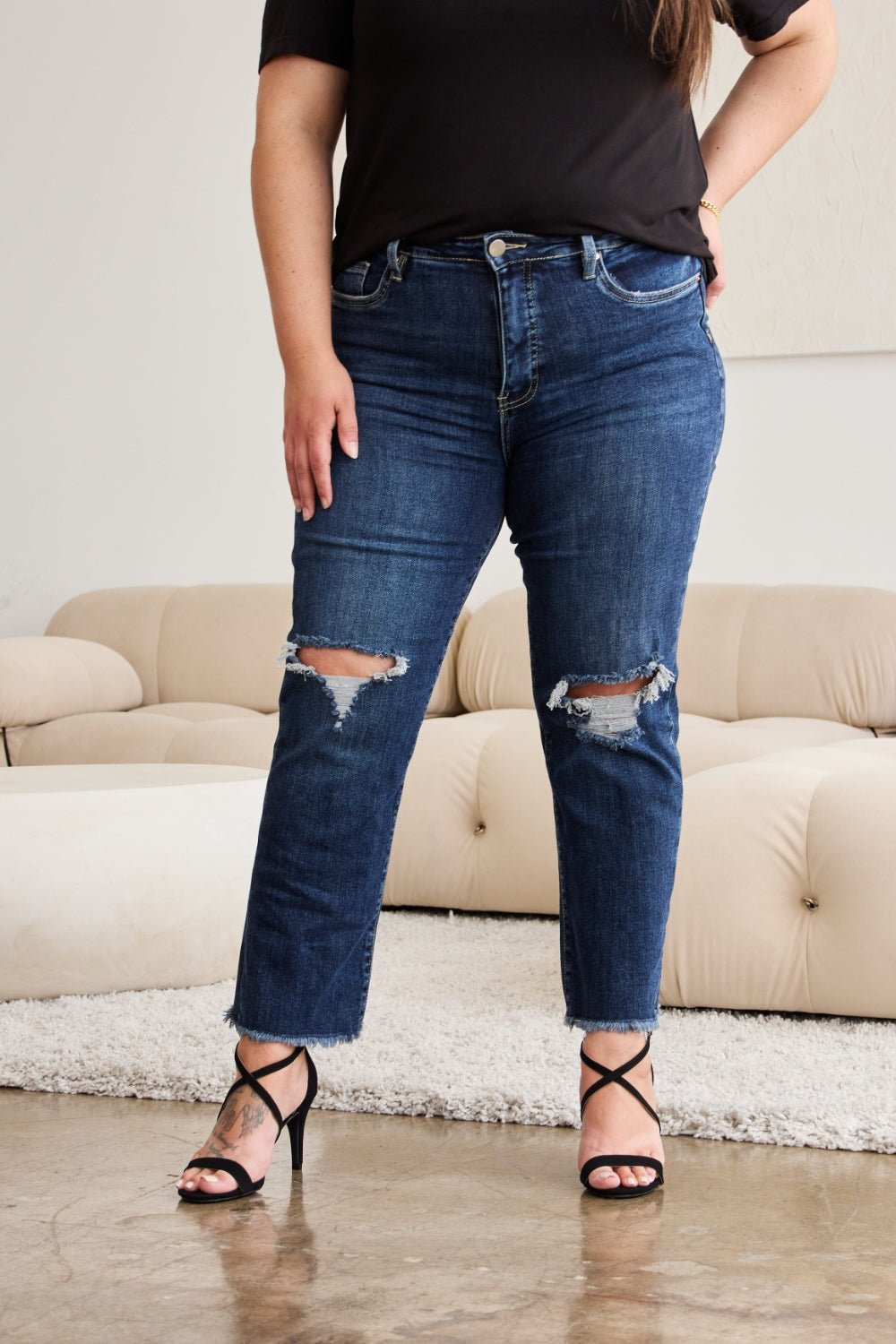 RFM Crop Dylan Full Size Tummy Control Distressed High Waist Raw Hem Jeans - Carbone's Marketplace