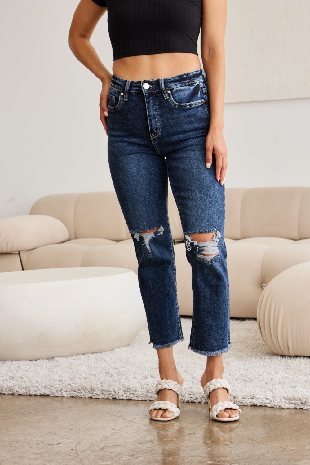 RFM Crop Dylan Full Size Tummy Control Distressed High Waist Raw Hem Jeans - Carbone's Marketplace