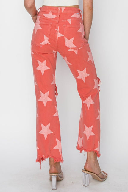 RISEN Full Size Distressed Raw Hem Star Pattern Jeans - Carbone's Marketplace